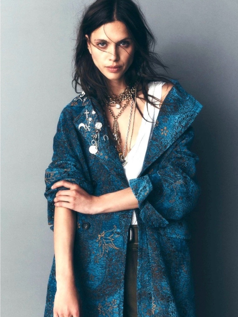 Free People Micah Duster Jacquard Chenille Double Breast Blue Paisley